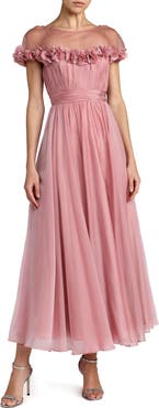 Mac Duggal Chiffon Illusion Neck Midi Dress with 3D Flowers