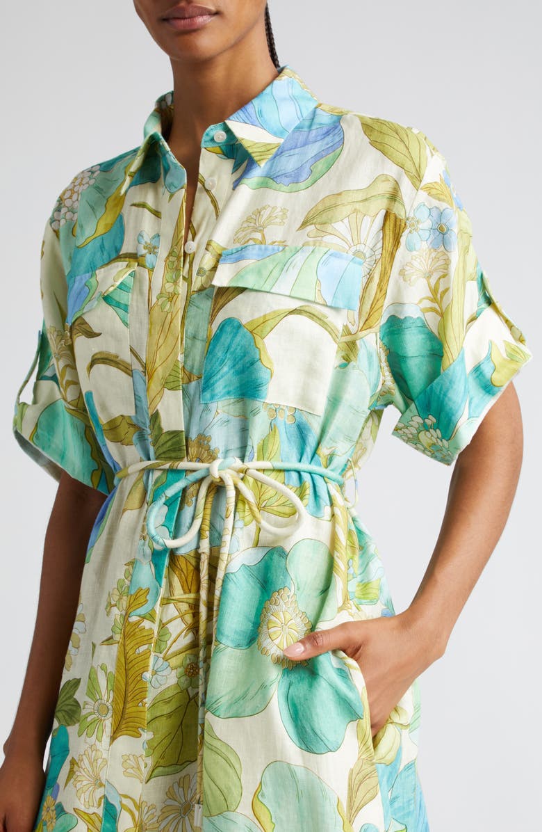ALEMAIS Janis Floral Print Belted Linen Midi Shirtdress, Alternate, color, 