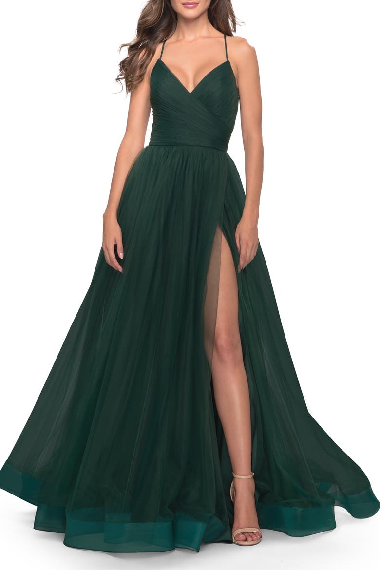 Long Tulle A-line Gown with Side Slit and Pockets, Alternate, color, Dark Emerald