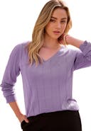 Roaman's Plus Size Drop Needle V Neck Lightweight Sweater Knit