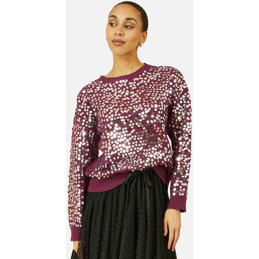 Yumi Sequin Relaxed Fit Sweater In Burgundy