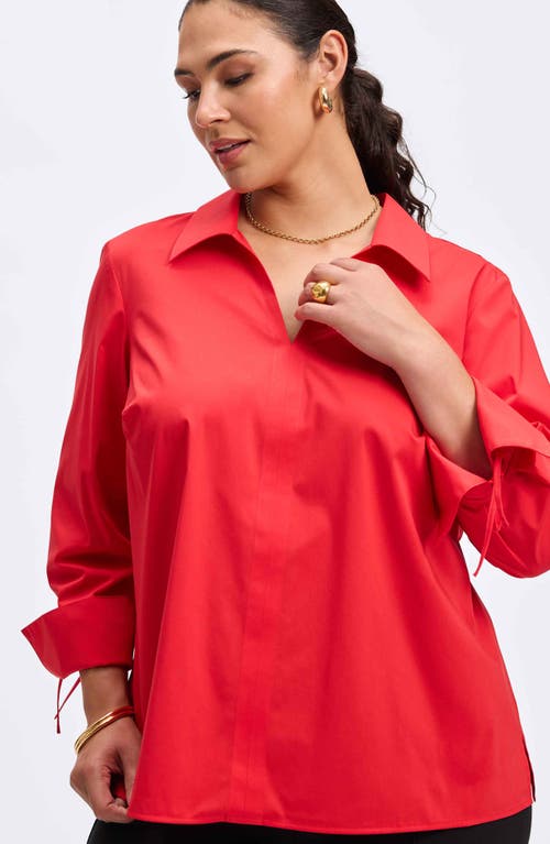 Foxcroft Carla Tie Cuff Cotton Blend Popover Top In Simply Red