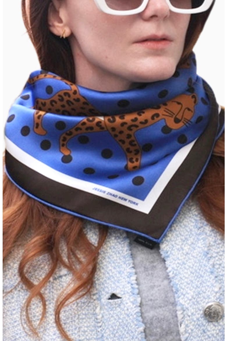 Double Sided Silk Scarf Of Blue Leopards Garden, Alternate, color, Blue