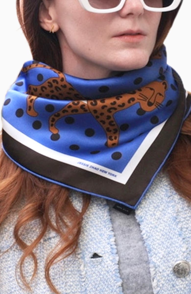 Jessie Zhao New York Double Sided Silk Scarf Of Blue Leopards Garden, Alternate, color, Blue