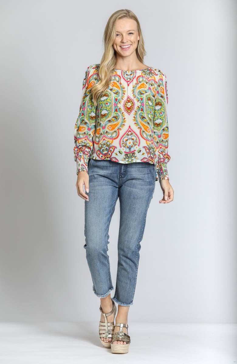 APNY Ikat Print Blouson Sleeve Top, Alternate, color, Green Multi
