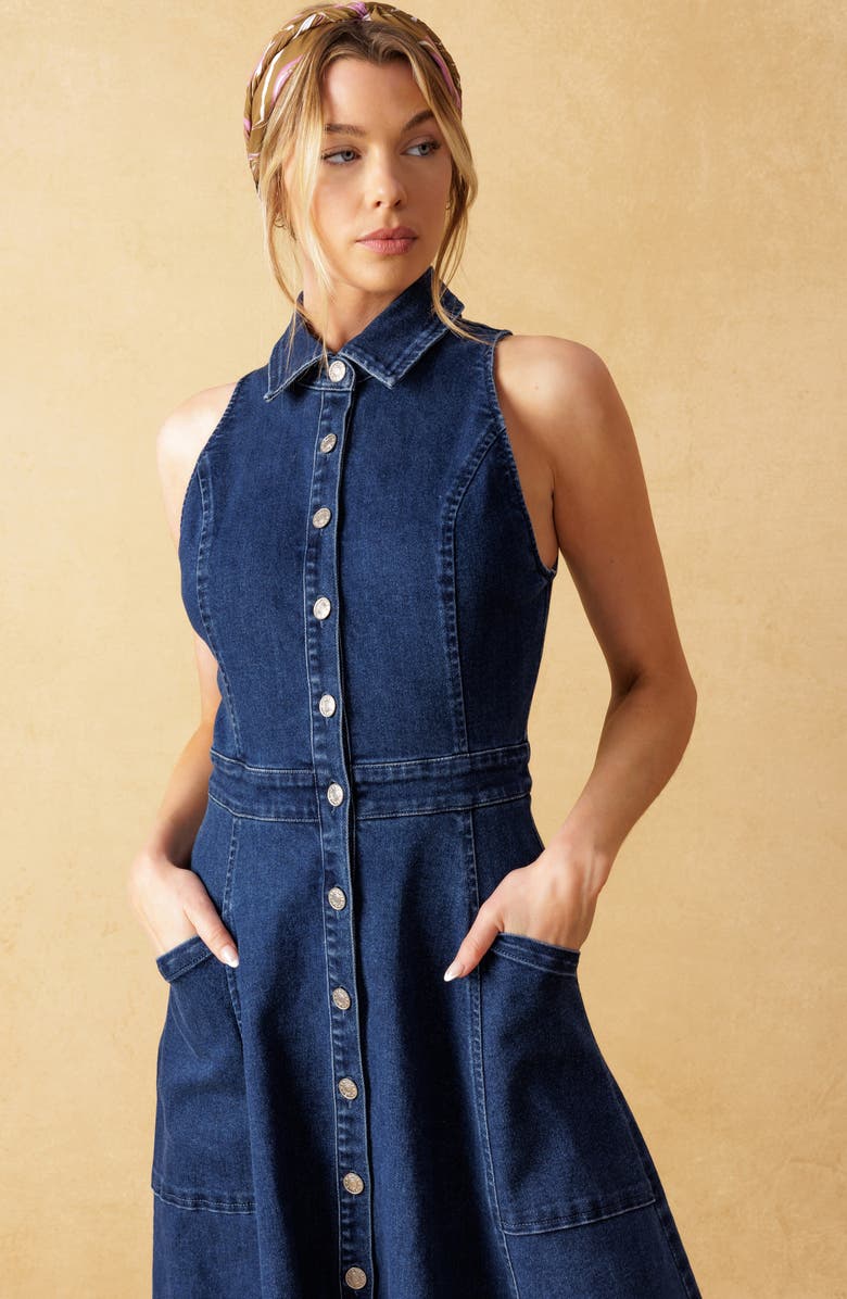 FLYING TOMATO Sleeveless Denim Maxi Shirtdress, Alternate, color, Medium Indigo