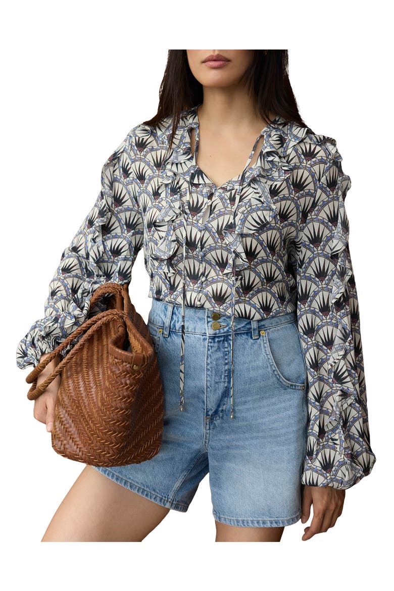 Art Deco Ruffle Tie-Neck Blouse, Main, color, Blue