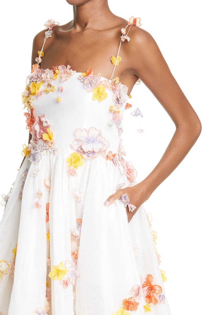 Zimmermann Postcard Floral Appliqué Linen & Silk Midi Dress, Alternate, color,