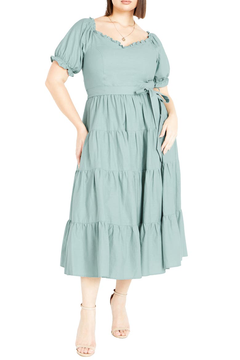 Puff Sleeve Tiered Midi Dress, Main, color, BLUE
