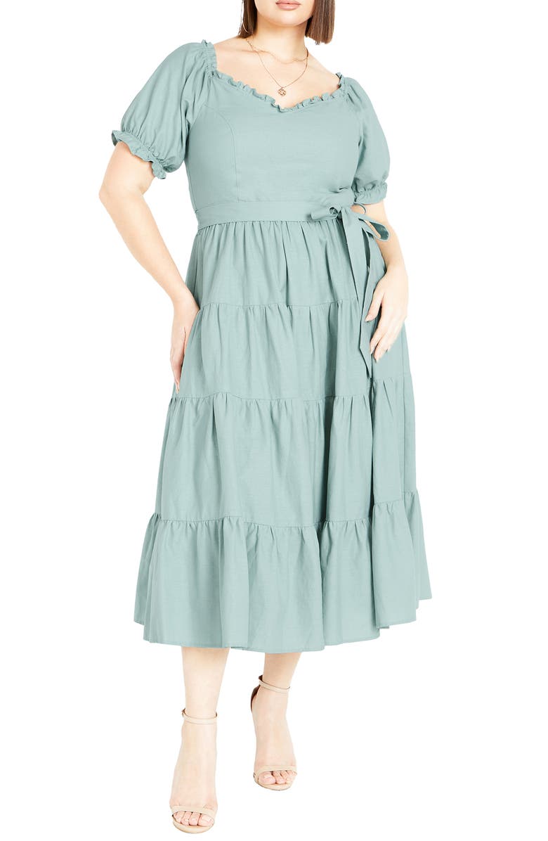City Chic Puff Sleeve Tiered Midi Dress, Main, color, Blue