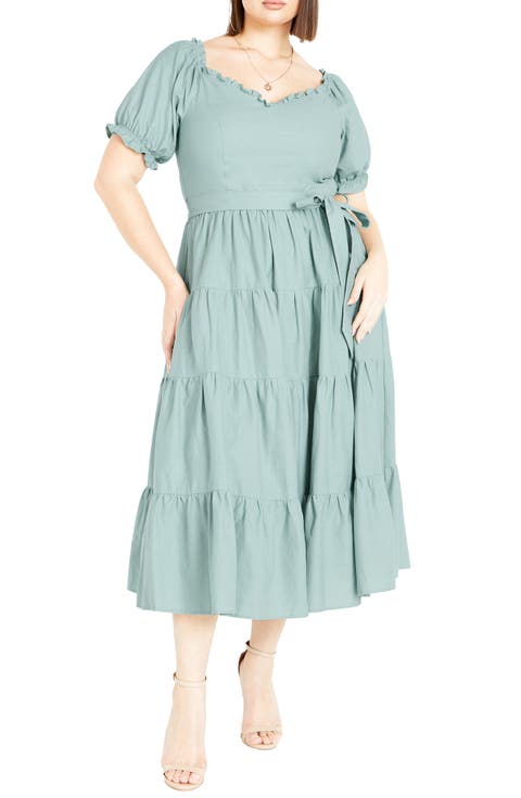 Puff Sleeve Tiered Midi Dress (Plus)