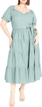 City Chic Puff Sleeve Tiered Midi Dress