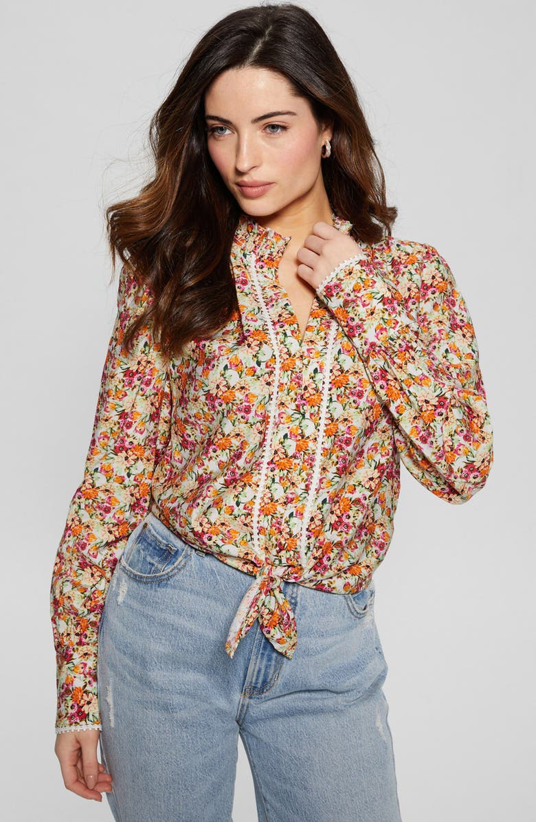 GUESS Rita Floral Tie Hem Button-Up Shirt, Alternate, color, 