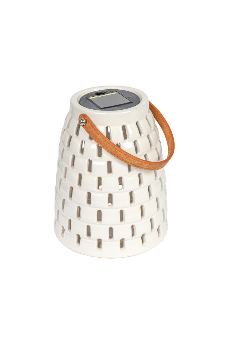 Storied Home Stoneware Solar Lantern with Cut-Outs and Faux Leather Handle, Main, color, 