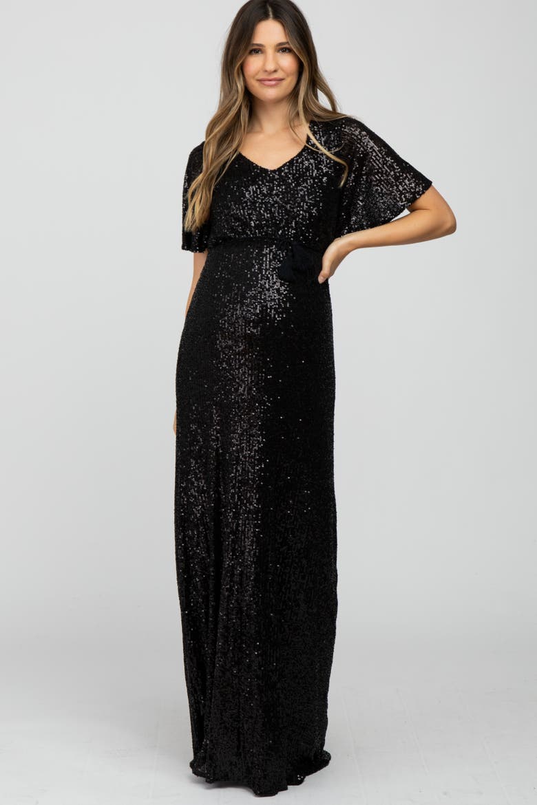 Sequin Short Sleeve Maxi Dress, Alternate, color, Black