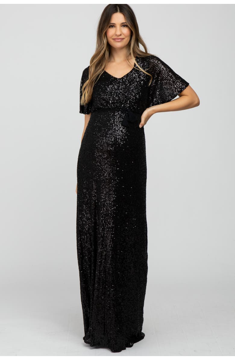 PinkBlush Sequin Short Sleeve Maxi Dress, Alternate, color, Black