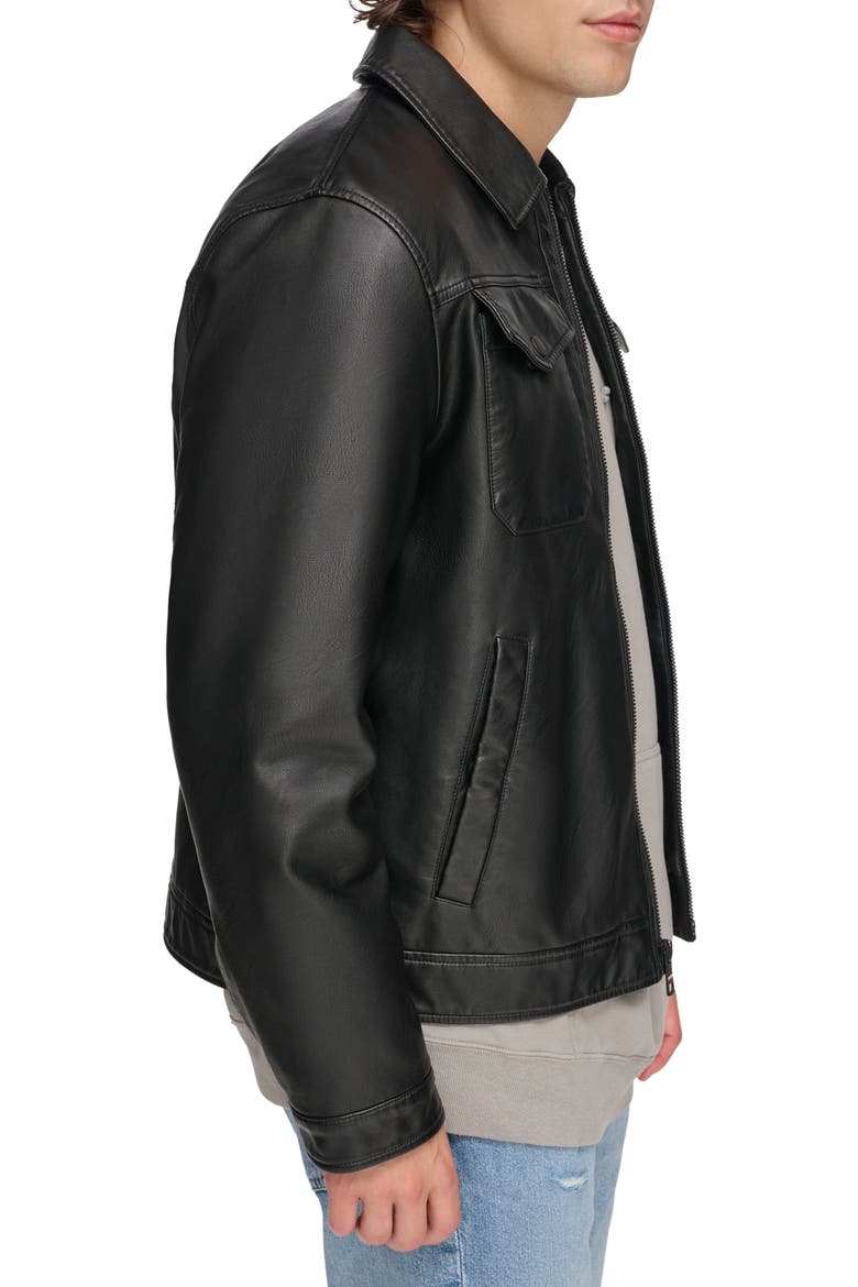 Faux Leather Trucker Jacket, Alternate, color, BLACK