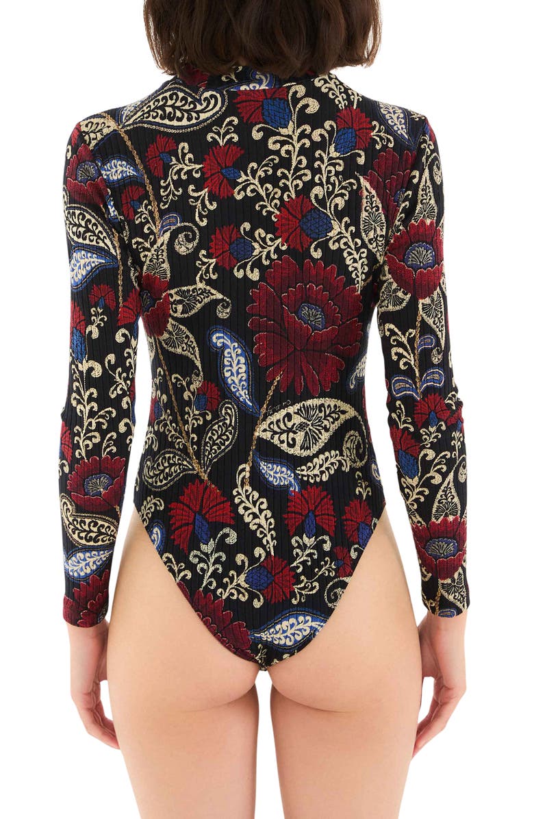 FARM Rio Valentina Floral Paisley Long Sleeve Stretch Cotton Bodysuit, Alternate, color, Valentina Black
