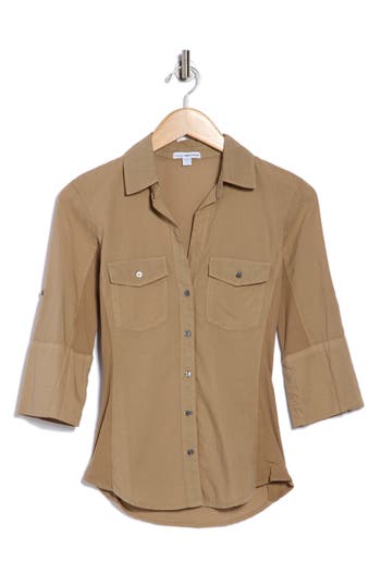 James Perse Three-quarter Sleeve Button-up Shirt In Brown