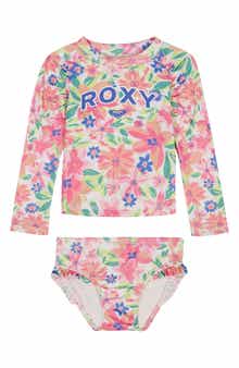 Roxy Kids' Floral Long Sleeve Rashguard Top & Bikini Bottoms Set
