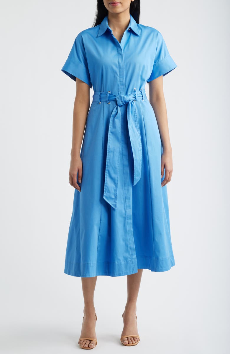 Anne Klein Grommet Belt Loop Midi Shirtdress, Main, color, Seaport