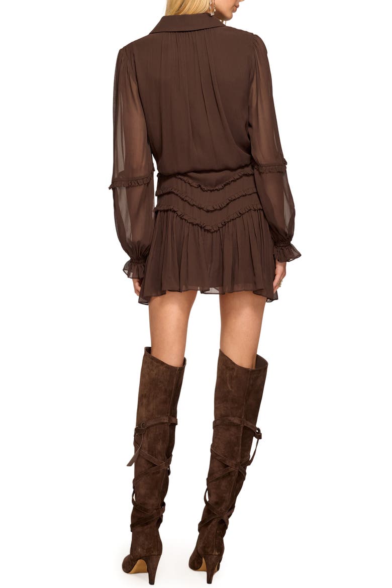 Maya Ruffle Detail Long Sleeve Silk Mini Shirtdress, Alternate, color, HERITAGE BROWN