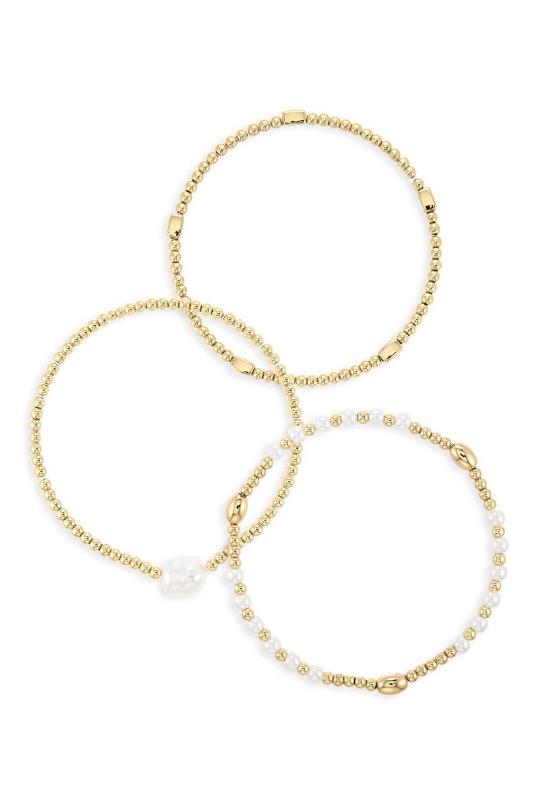Demi Fine Set of 3 Faux Pearl Beaded Stretch Bracelets, Main, color, WHITE- GOLD
