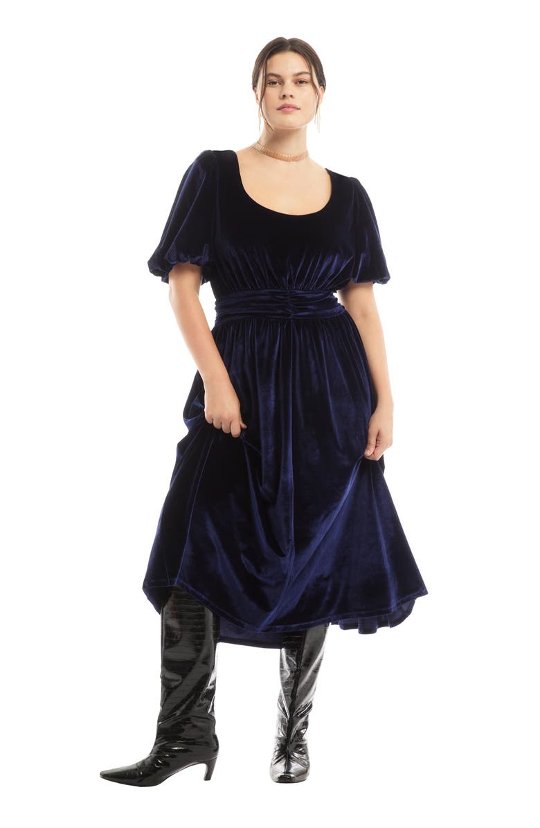 June + Vie Puff Sleeve Stretch-Velvet Midi Dress, Main, color, Inkling