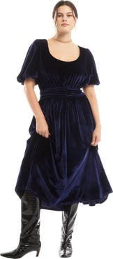 June + Vie Puff Sleeve Stretch Velvet Midi Dress