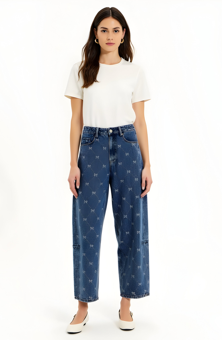 Modenaire Embroidered Denim Barrel Leg Trousers, Alternate, color, Blue