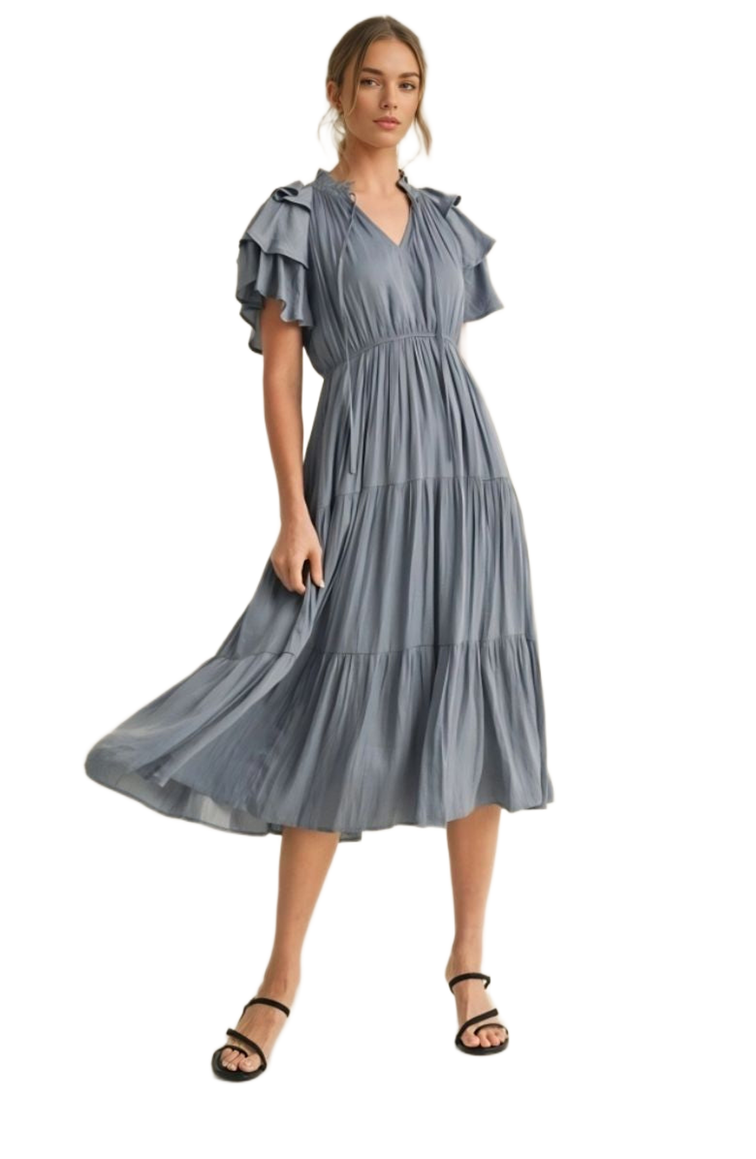 Tiered Tie Neck Ruffle Sleeve Midi Dress