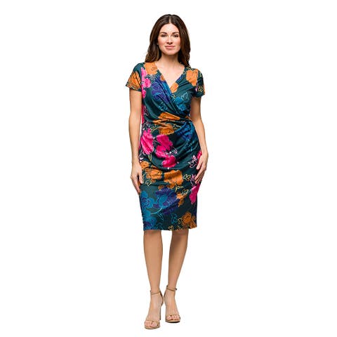 Maternity Blue Floral Knee Length Short Sleeve Faux Wrap Dress