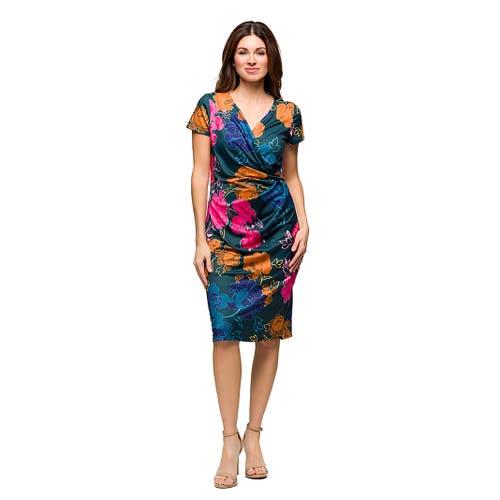 24seven Comfort Apparel Maternity Blue Floral Knee Length Short Sleeve Faux Wrap Dress In Multi