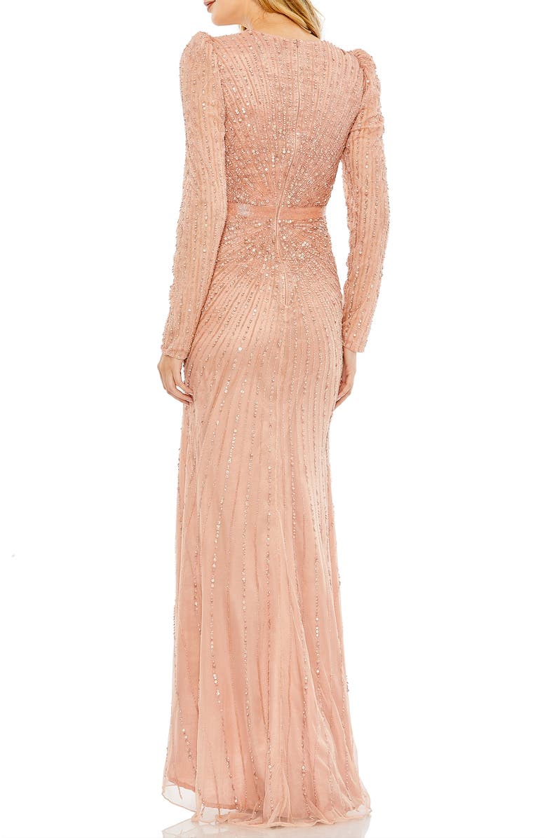 Mac Duggal Sequined Wrap Over Long Sleeve Gown, Alternate, color, Rose