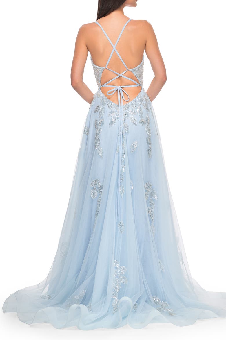 Two Tone Tulle A-Line Prom Dress with Floral Beaded Detail, Alternate, color, Light Blue