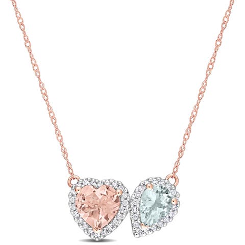 Morganite Aquamarine Diamond Heart Necklace 10k
