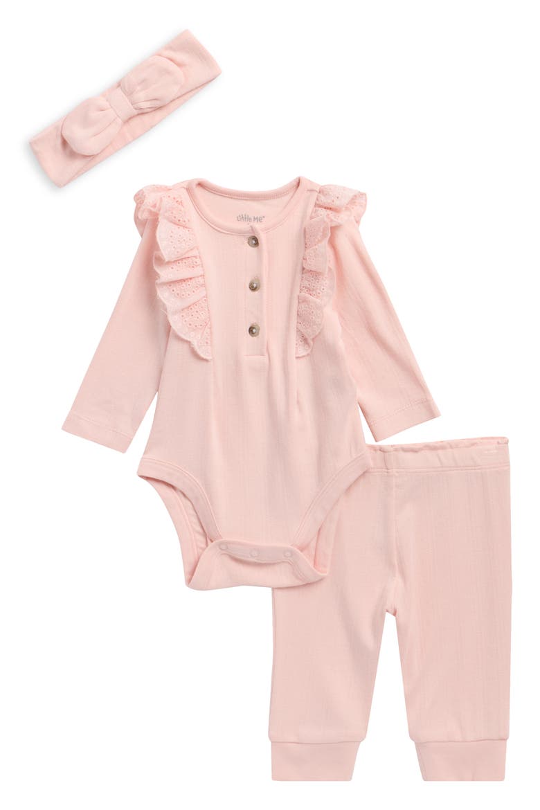 Eyelet Bodysuit, Pants & Headband Set, Main, color, PINK