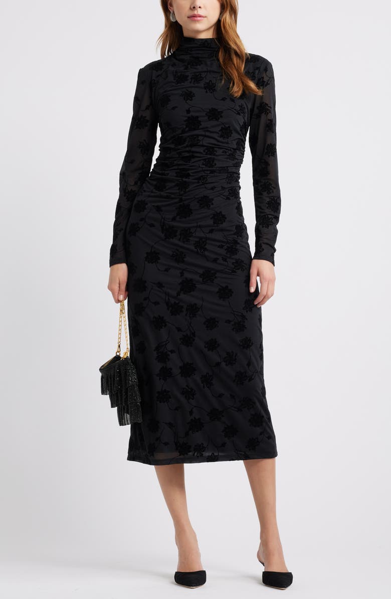 Open Edit Flocked Floral Long Sleeve Dress, Main, color, 