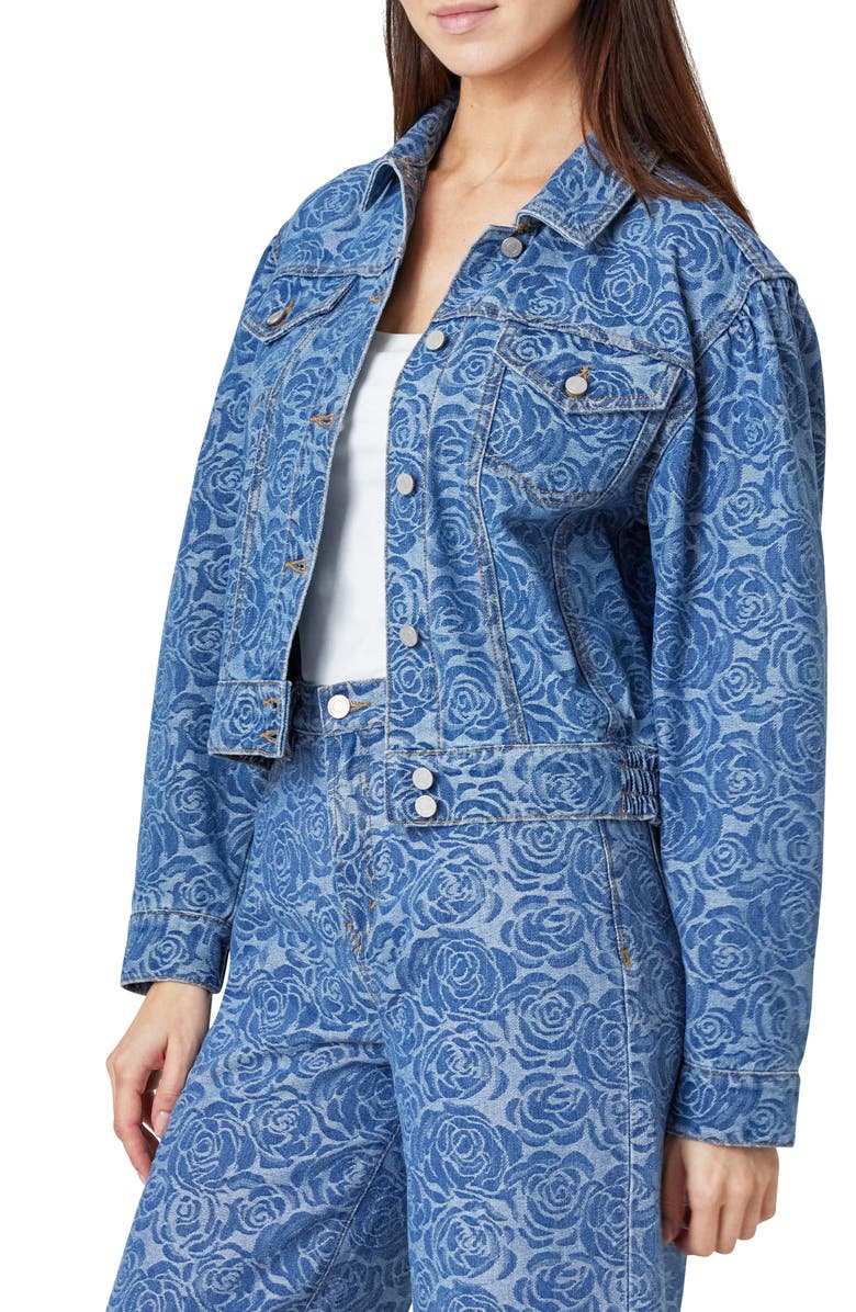Habitual Jacquard Rose Crop Denim Trucker Jacket, Alternate, color, Baltic