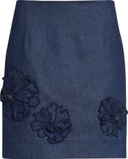 Oscar de la Renta Floral Embroidered Stretch Denim Miniskirt
