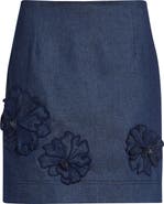 Oscar de la Renta Floral Embroidered Stretch Denim Miniskirt