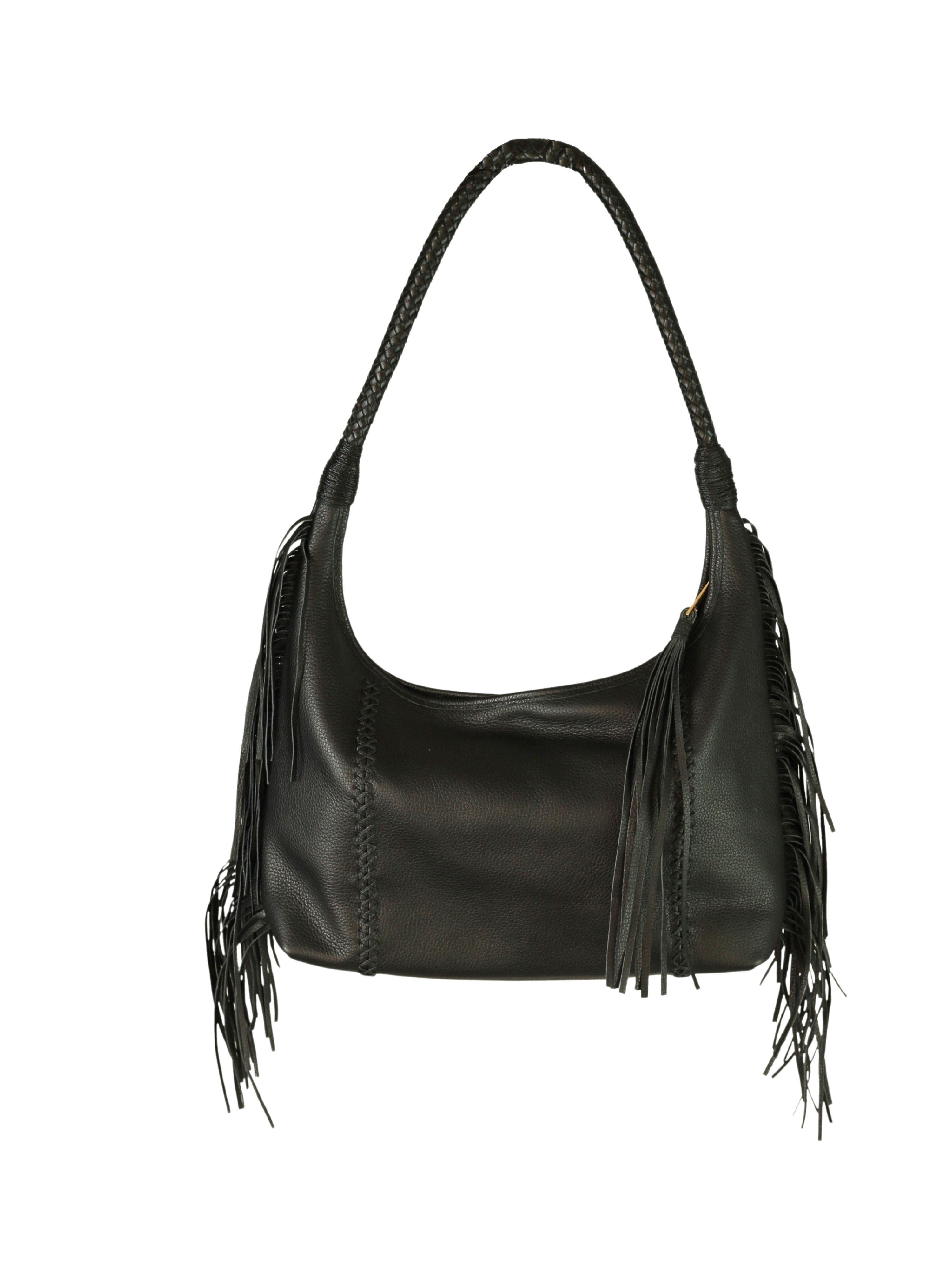 Carlos Falchi Large Fringe Top Grain Leather Hobo Shoulder Bag, Main, color, Black Obsidian