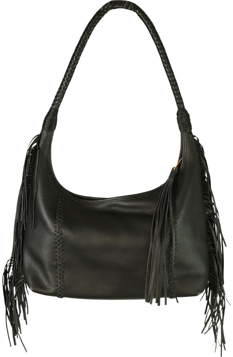 Carlos Falchi Large Fringe Top Grain Leather Hobo Shoulder Bag, Main, color, Black Obsidian