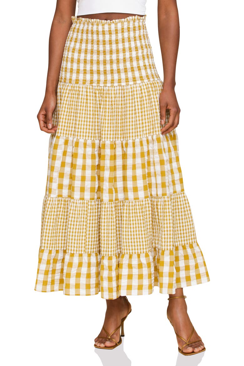 Mixed Print Tiered Cotton Gingham Maxi Skirt, Main, color, OLIO GINGHAM