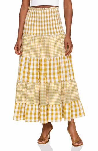Avec Les Filles Mixed Print Tiered Cotton Gingham Maxi Skirt