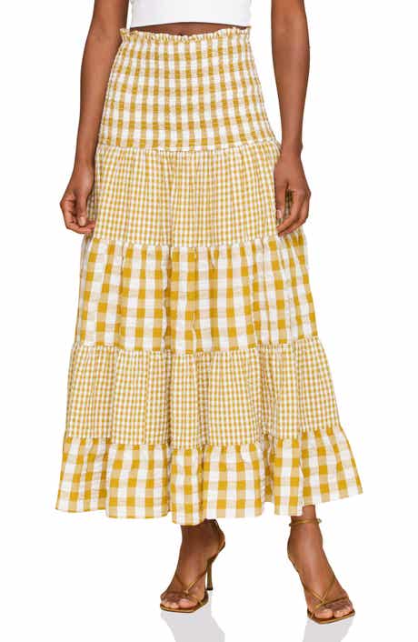 Avec Les Filles Mixed Print Tiered Cotton Gingham Maxi Skirt