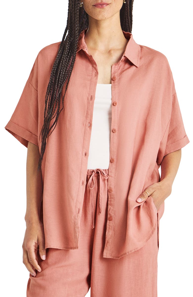 Splendid Dawson Elbow Sleeve Linen Blend Button-Up Shirt, Main, color, Sunset