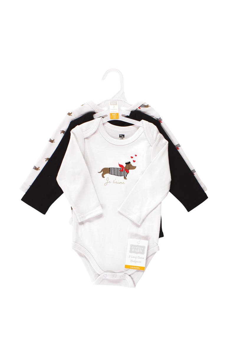 Hudson Baby Essential All-Cotton Long-Sleeve Bodysuit Triple Pack, Alternate, color, Bonjour Dachshund