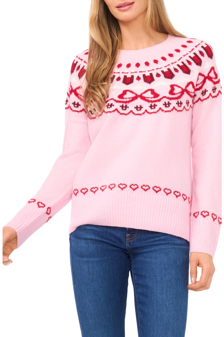 Heart Bow Fair Isle Sweater, Main, color, PINK LADY