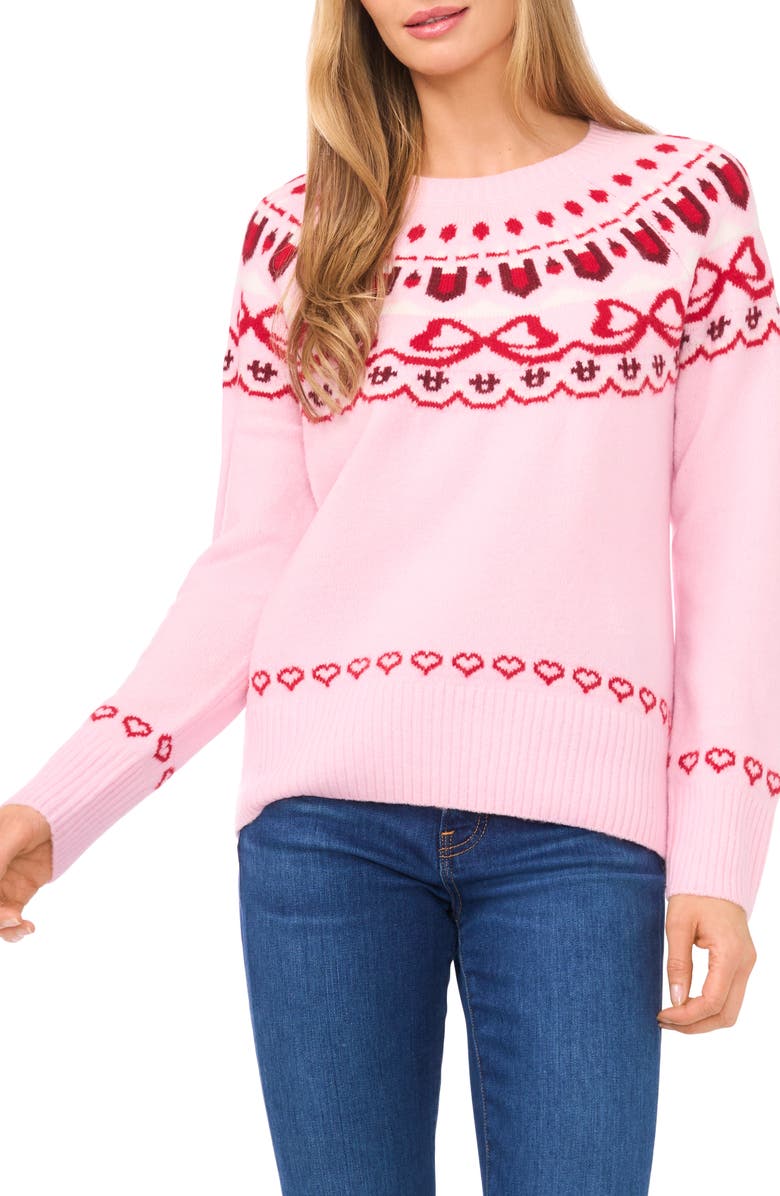 CeCe Heart Bow Fair Isle Sweater, Main, color, Pink Lady